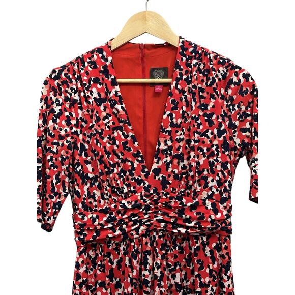 Vince Camuto Ruched Dress Red Blue White Abstract Midi Women's Size 6 - Picture 2 of 5